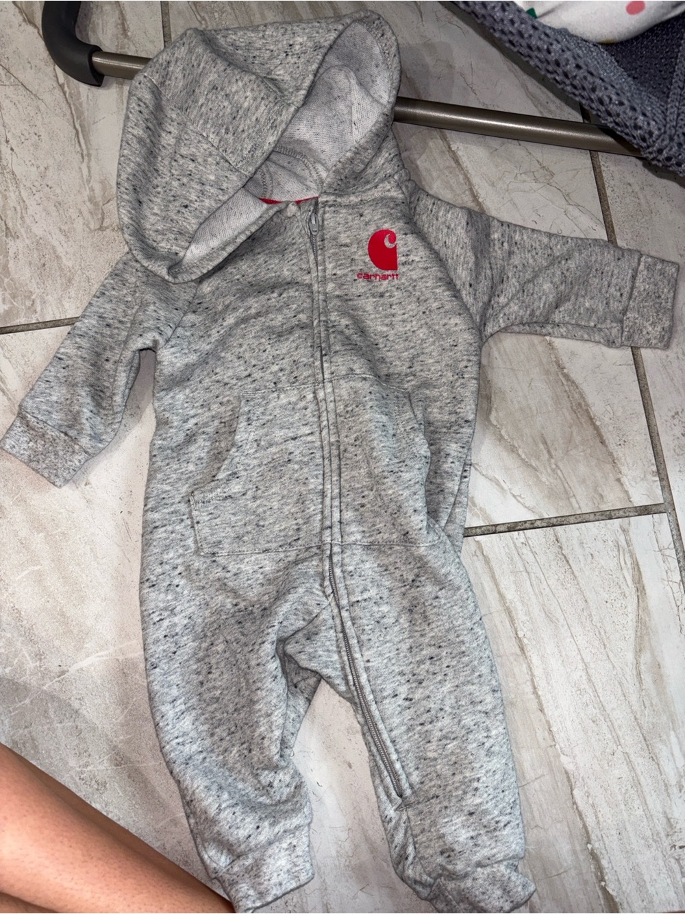 Carhartt Heather Gray Hooded Baby Zip One-Piece with Red Logo